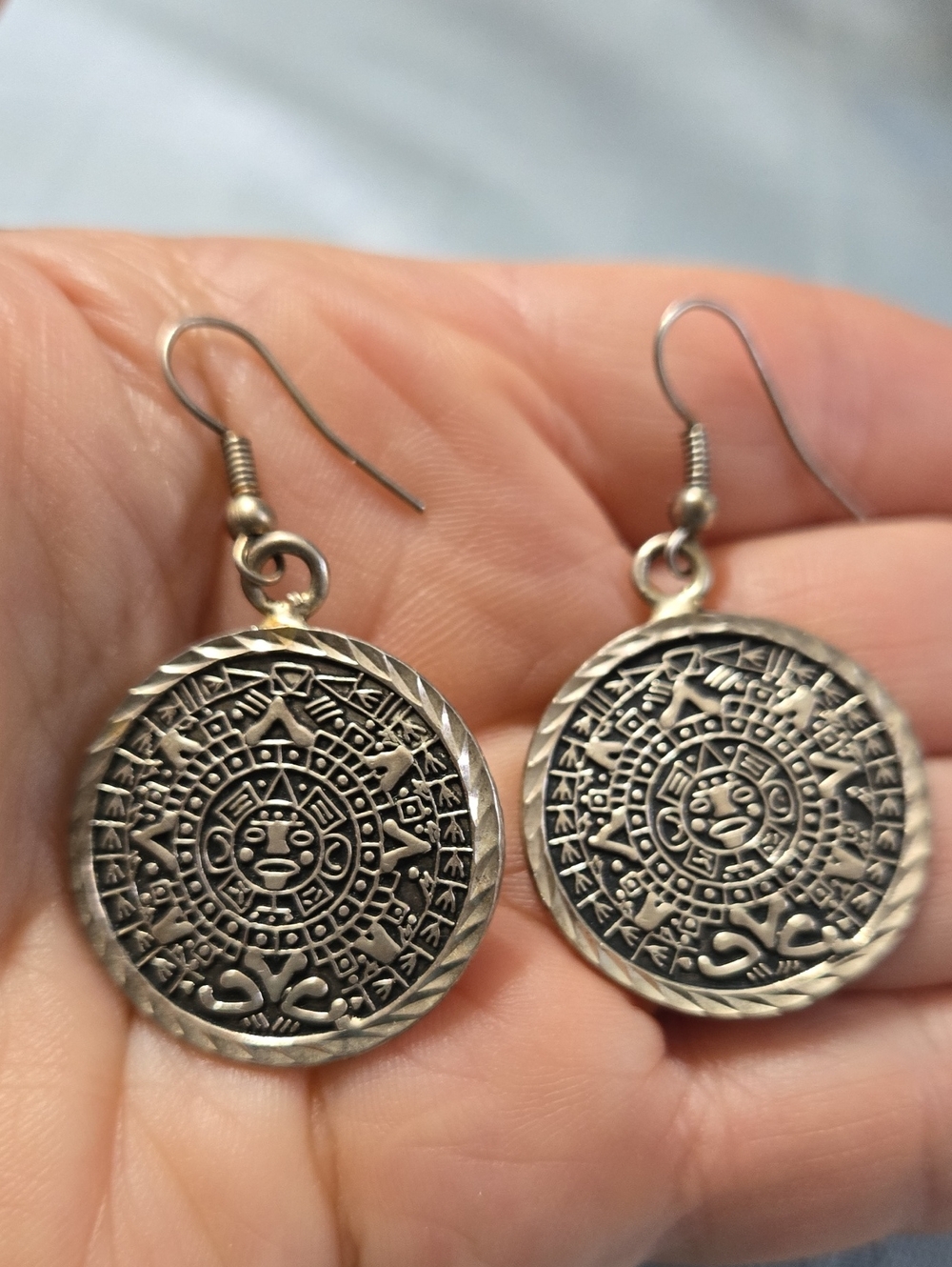 Vintage Sterling Silver Native Mayan Calendar Medallion Dangle Earrings